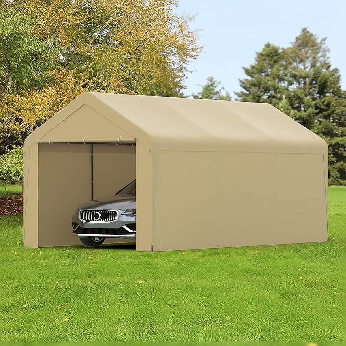 GOJOOASIS Carport, 10 x 20 Abri de voiture robuste avec paroi amovible, Garage portable en PE résistant à l'eau avec bâche toutes saisons Beige