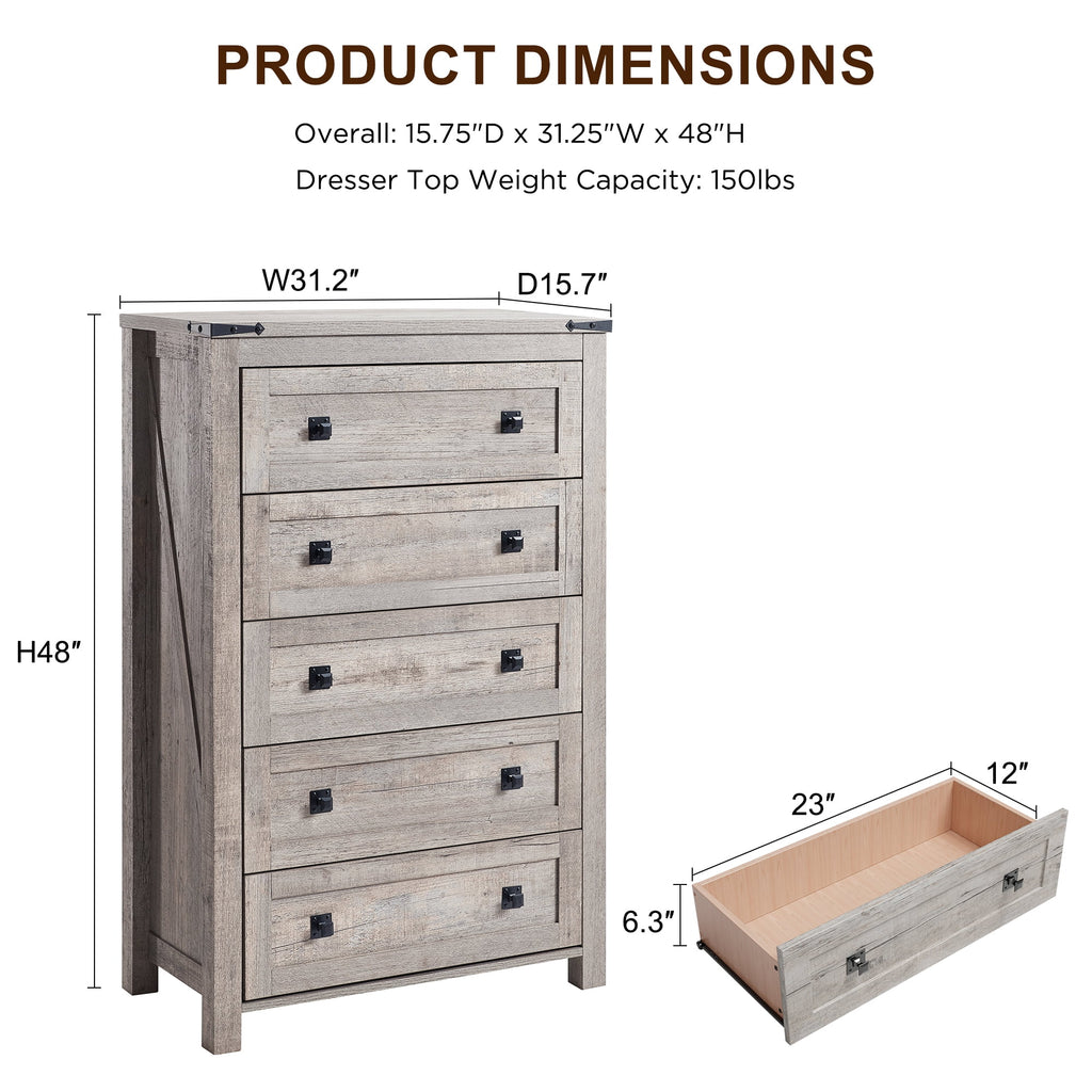 Commode Keywhat Farmhouse à 5 tiroirs pour chambre, meuble de rangement en bois pour salon, blanc antique