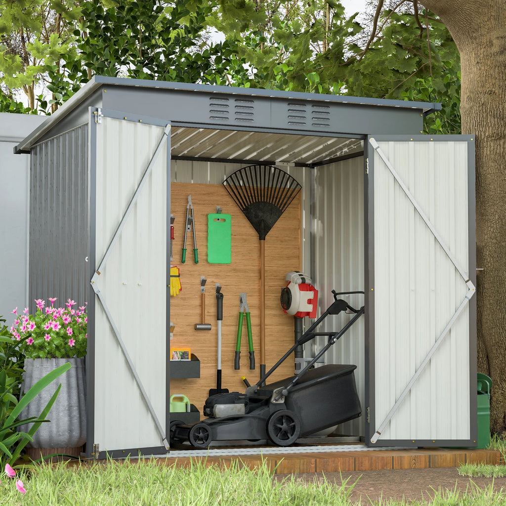 Abri de rangement extérieur de 6 x 4 pi avec cadre de plancher, abri de rangement extérieur avec porte verrouillable, abri pour outils de jardin toutes saisons avec grille d’aération pour maison, cour arrière, terrasse et pelouse, noir