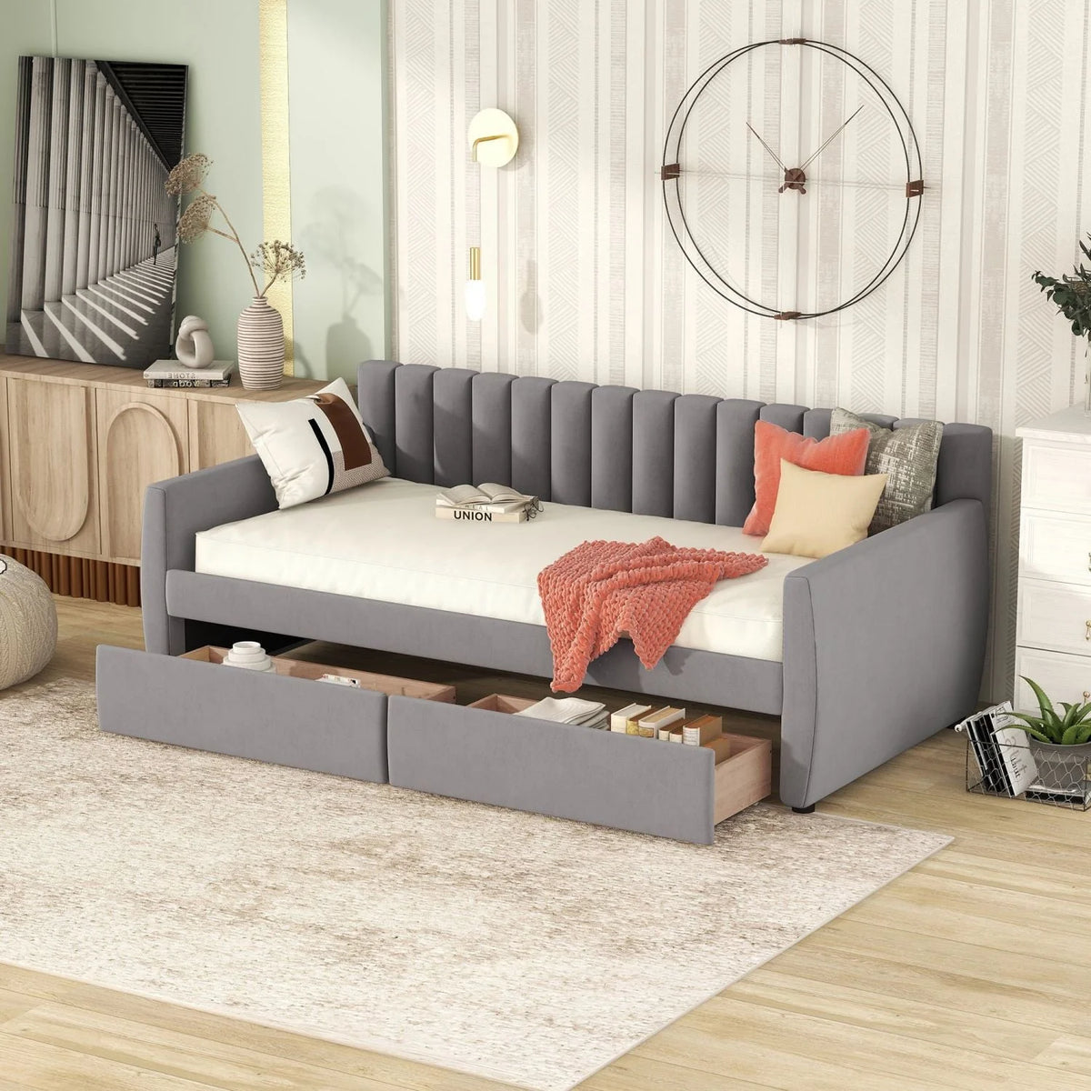 Lit de repos 1 place avec 2 tiroirs de rangement, cadre de lit-canapé capitonné et rembourré avec support à lattes en bois, parfait pour une chambre, gris