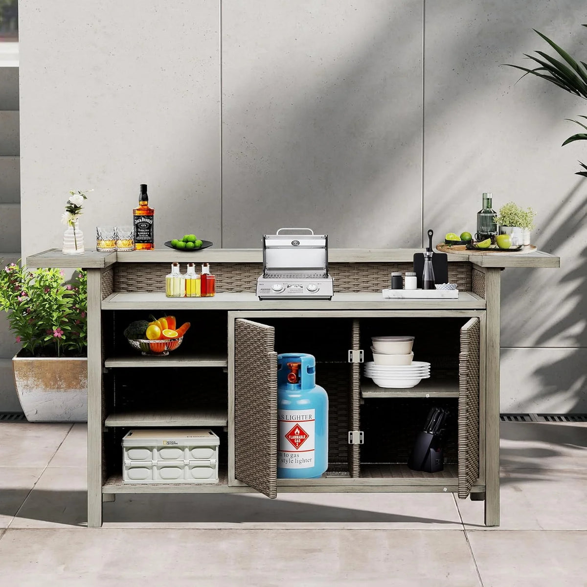 Table de bar d’extérieur Domi Patio, chariot de bar en aluminium et résine tressée avec placard, meuble de rangement toutes saisons pour cuisine ou bar de terrasse, finition grain de bois