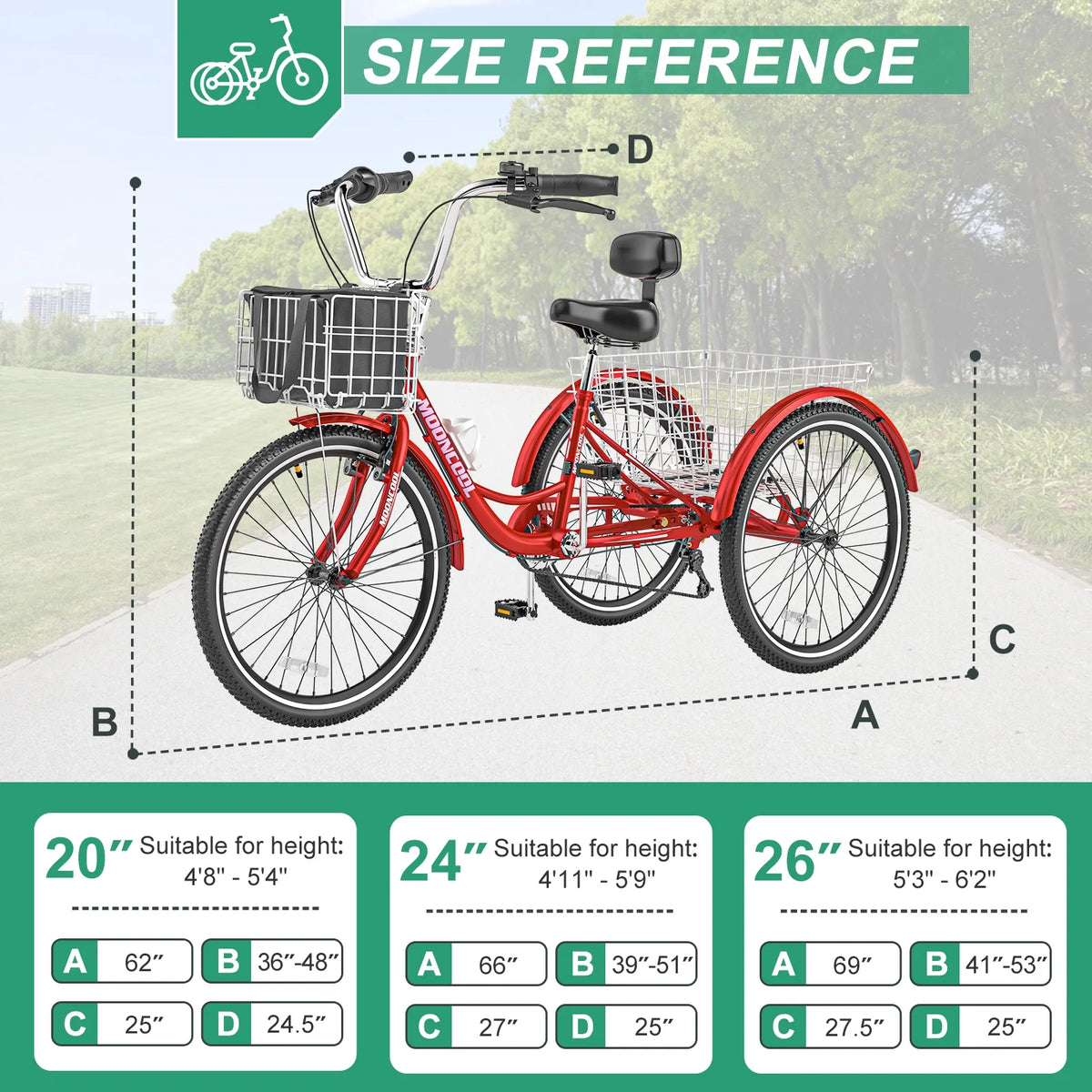Tricycles pour adultes MOONCOOL avec panier arrière et pompe à pied, vélos à 3 roues 7 vitesses de 24 et 26 pouces, vélo à trois roues pour adultes avec dossier pour seniors, femmes et hommes