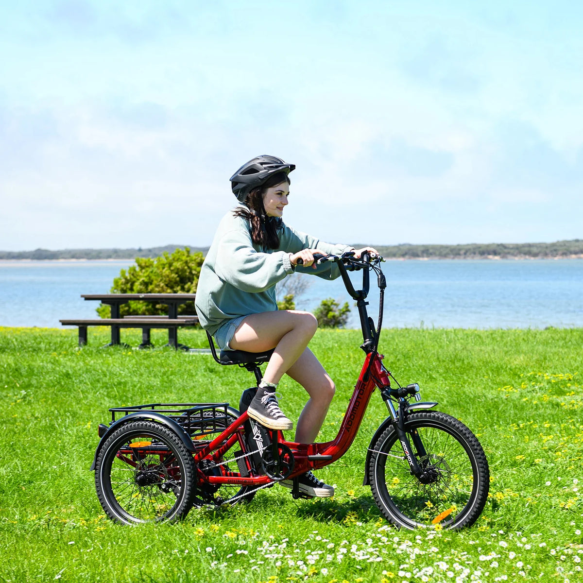 Tricycle électrique pliant Addmotor, tricycle électrique 90 mi pour adultes, 750 W 48 V 20 Ah, vélos électriques à 3 roues CITYTRI, tricycle à cadre ouvert avec différentiel de vitesse arrière et frein de stationnement, E-310 Plus rouge