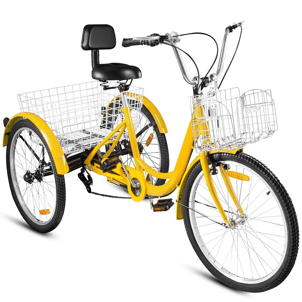 VEVOR Tricycle pour adulte 24 pouces Vélo à trois roues Vélo de balade 7 vitesses ,Tricycle avec siège réglable avec sonnette, système de freinage et panier Vélo de balade taille pour les courses