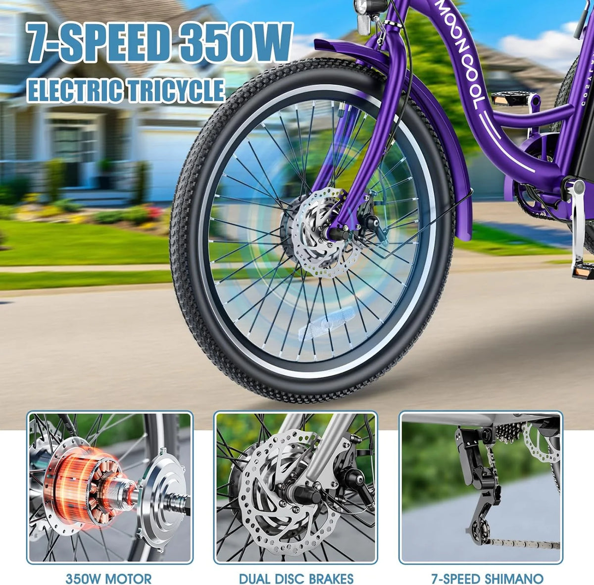 Tricycles électriques ABORON 24 26, batterie au lithium 36 V 10 Ah 350 W, triporteur électrique 7 vitesses pour adultes avec grand panier arrière et siège réglable