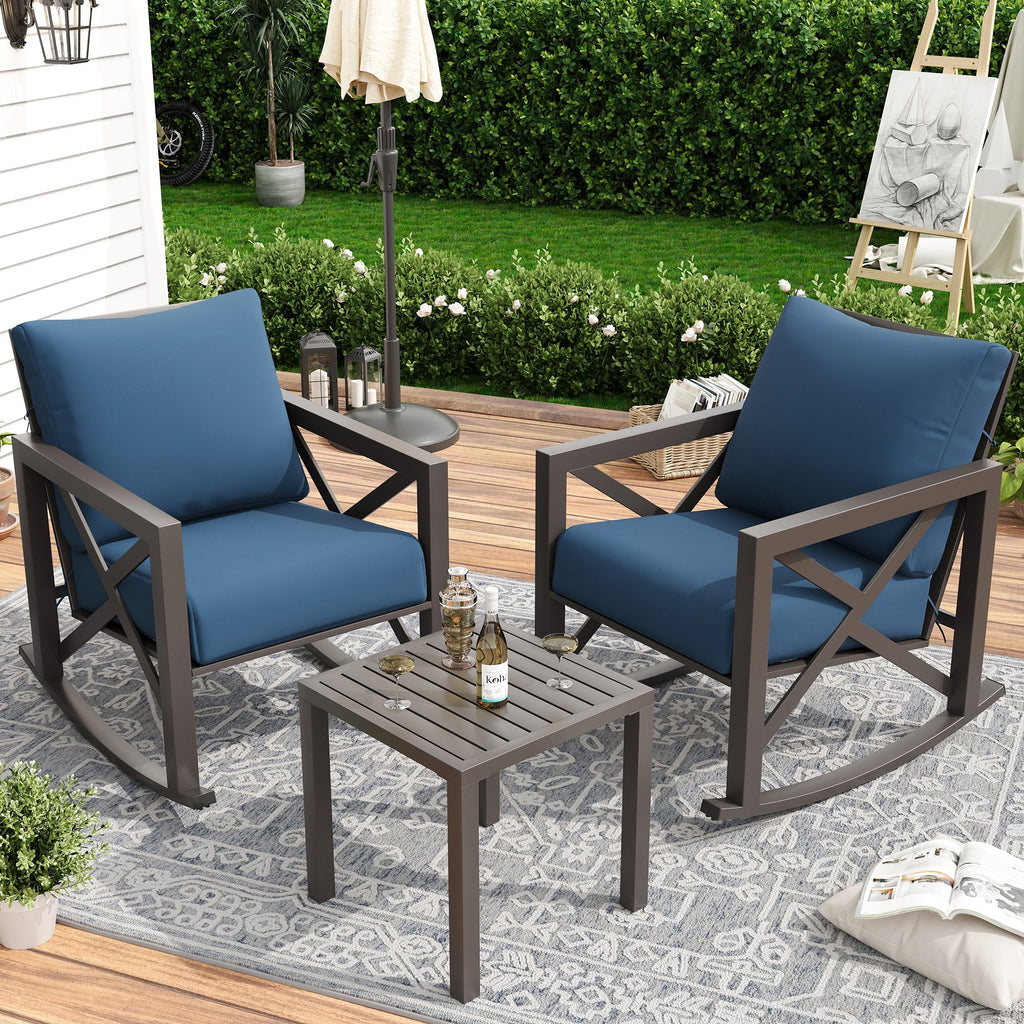 Ensemble de bistrot MRUAKA avec chaises à bascule, ensemble de mobilier de patio extérieur 3 pièces avec 2 chaises à bascule et 1 table basse en métal avec coussins épais pour porche, cour arrière, bord de piscine, beige