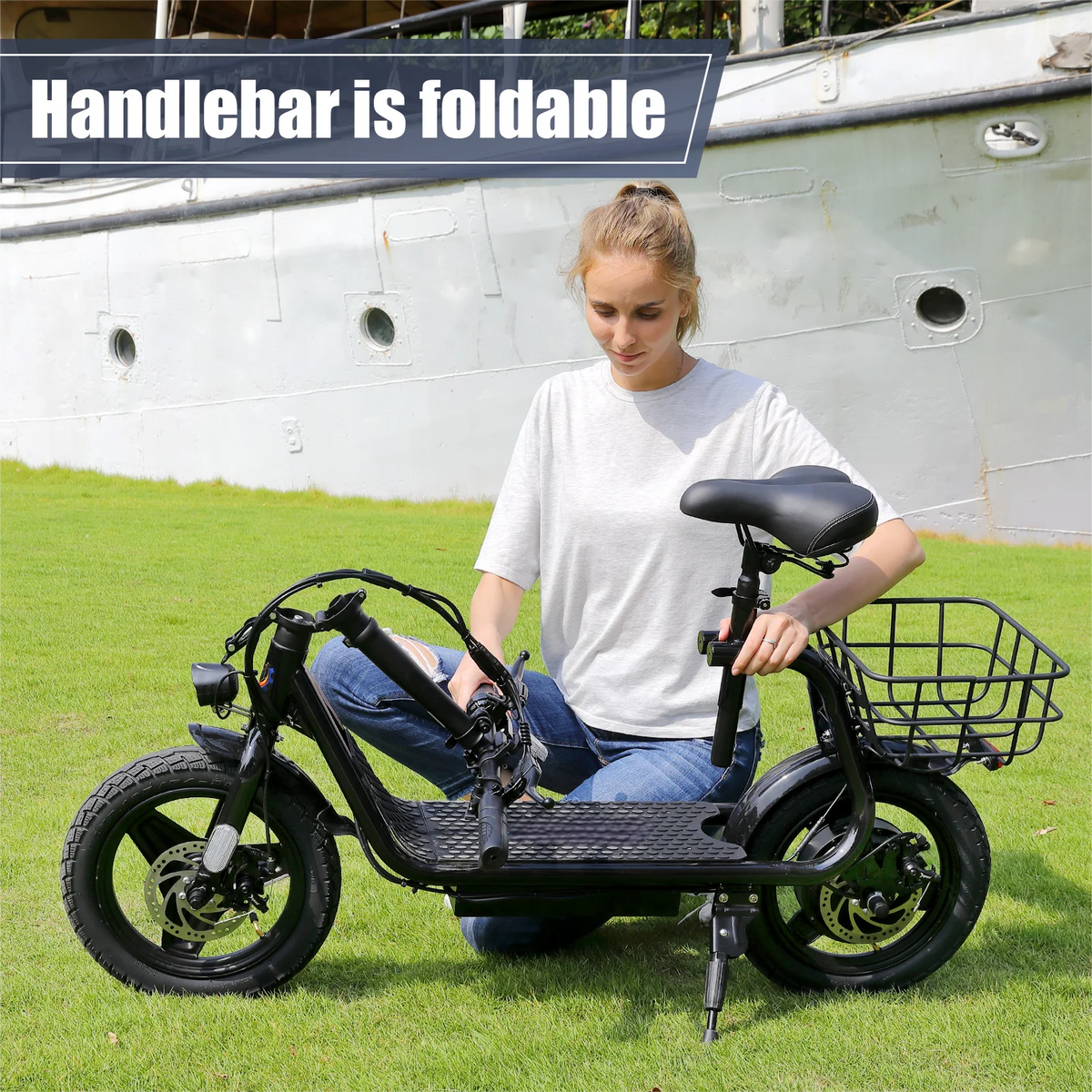 Trottinette électrique SANOPY 350 W avec siège pour adultes, autonomie de 24 km, vitesse de 32 km/h, cyclomoteur avec batterie 36 V 5,2 Ah, vélo électrique urbain avec gros pneus de 14 pouces et amortisseurs, noir