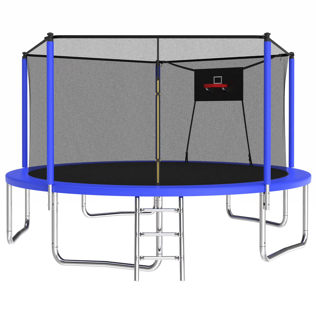 Trampoline de 14 pieds avec panier de basket, trampoline d'extérieur avec filet de protection, bleu