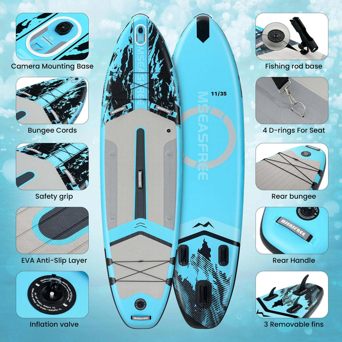 MSEASFREE Planche de Stand Up Paddle gonflable 11,5 ft Polyvalente Planche de pêche Stand up Paddle avec accessoires SUP complets