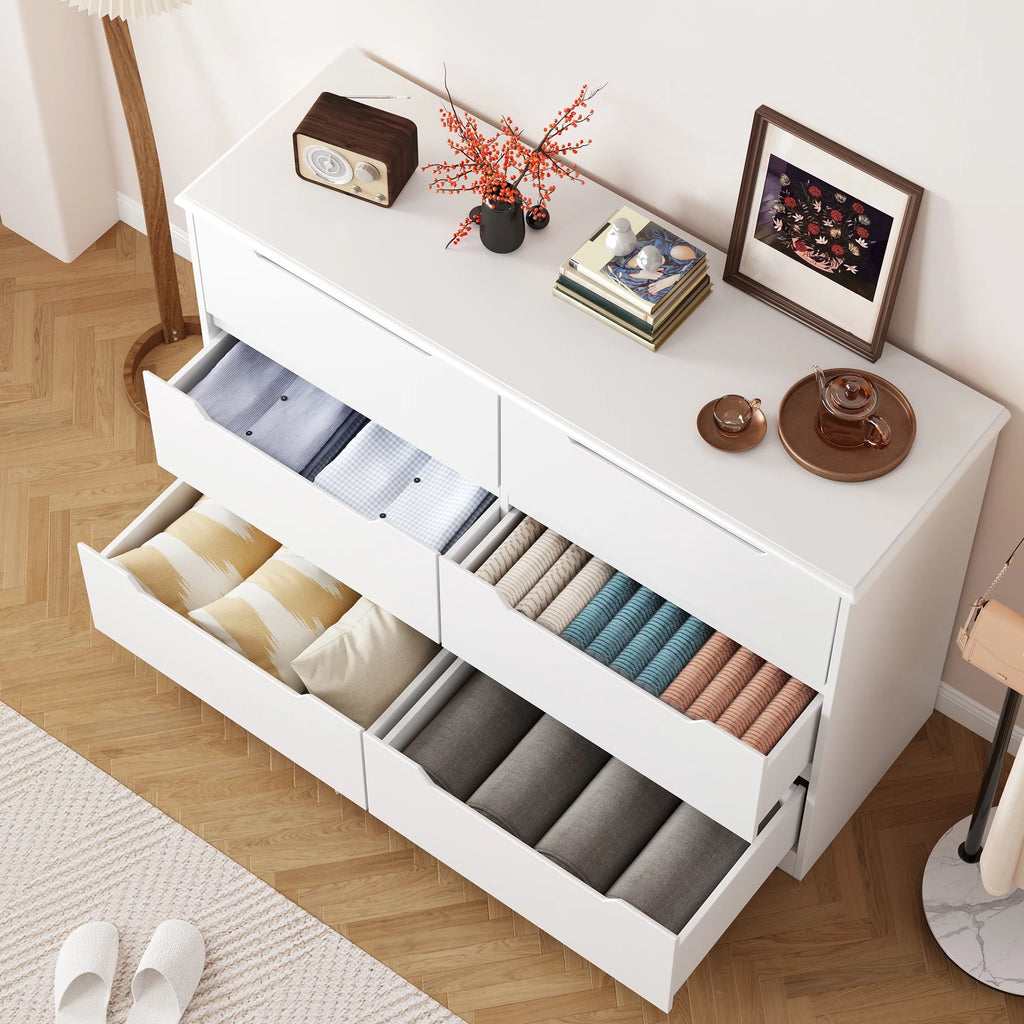 Commode pour chambre, commode double Lofka à 6 tiroirs avec poignées découpées, grande capacité de rangement, dispositif anti-basculement, commode moderne en bois, glissières métalliques fluides, blanc