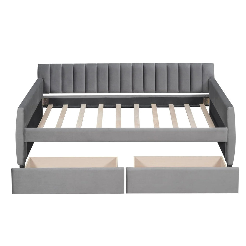 Lit de repos 1 place avec 2 tiroirs de rangement, cadre de lit-canapé capitonné et rembourré avec support à lattes en bois, parfait pour une chambre, gris