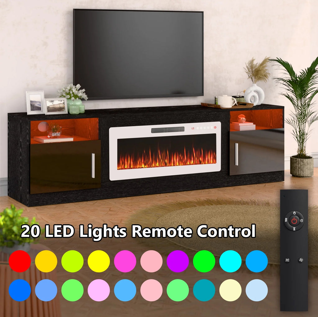 Meuble TV avec cheminée Waleaf avec cheminée électrique de 36 pouces pour téléviseurs jusqu’à 80 pouces, console multimédia moderne en bois avec meuble éclairé, blanc