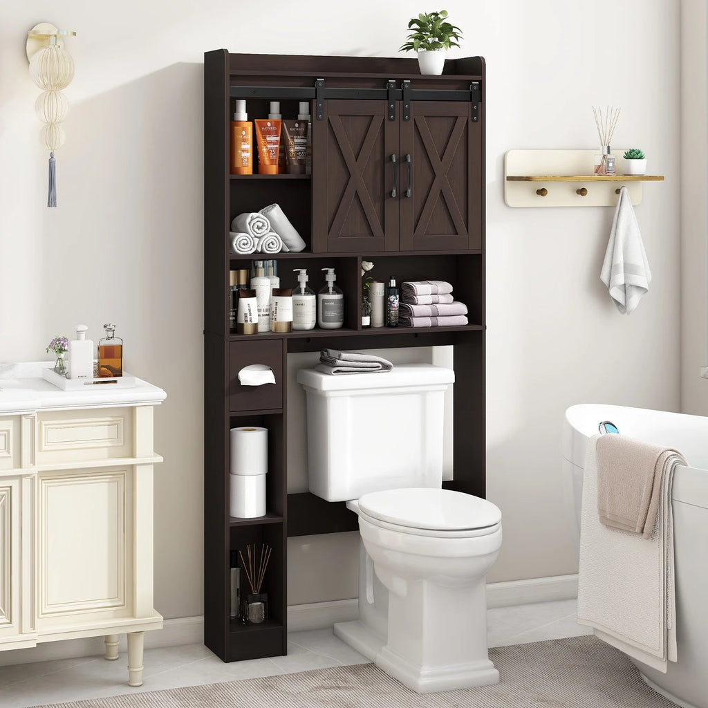 Meuble de rangement au-dessus des toilettes, meuble de rangement de style maisonnette au-dessus des toilettes avec portes coulissantesÉtagère de rangement gain de place pour toilettes, pour salle de bains, toilettes, buanderie