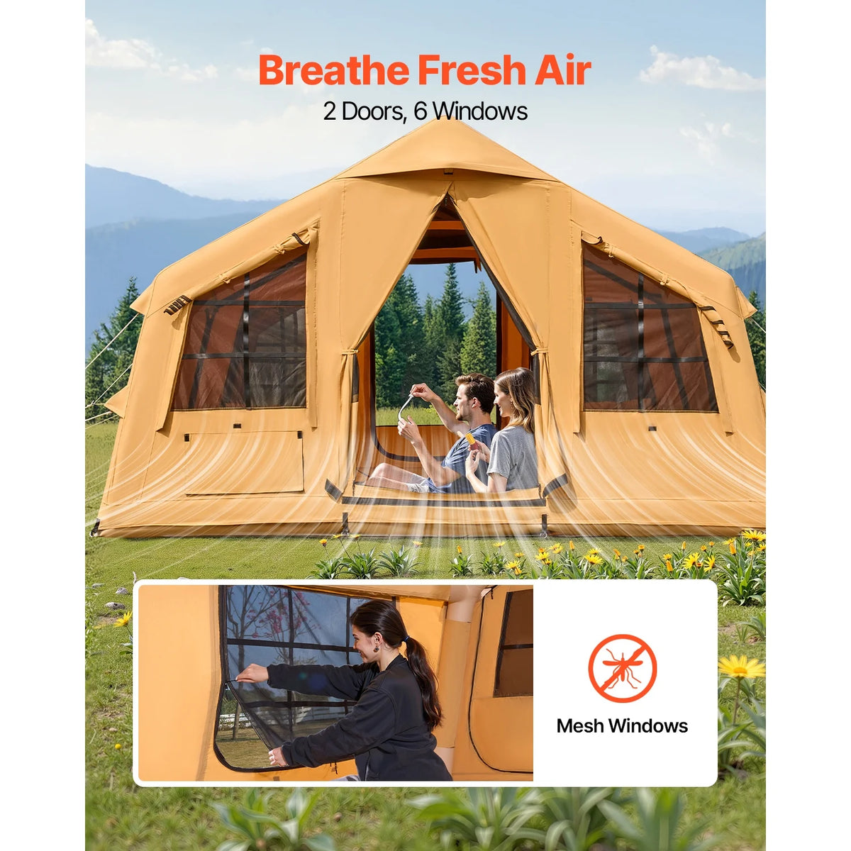 Tente gonflable KFFKFF pour le camping, 15,75 x 11,81 x 7,22 pi, tente gonflable de glamping pour 8 à 12 personnes, abri de camping gonflable, tente de vie en plein air avec deux puits de lumière et une sortie de cheminée