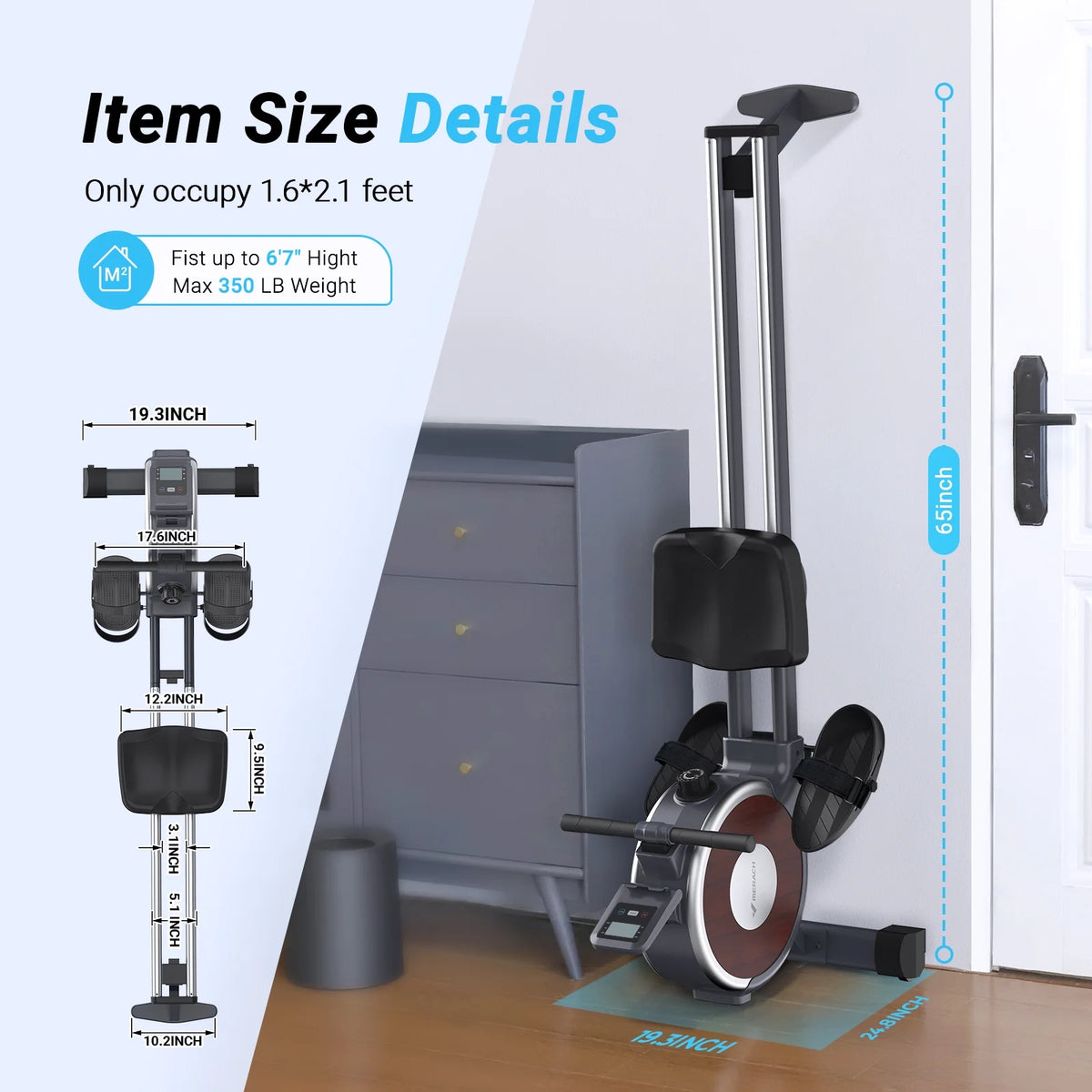 Rameur magnétique MERACH, capacité de charge de 350 lb, 16 niveaux de résistance silencieuse, rameur Bluetooth pour l’entraînement à domicile