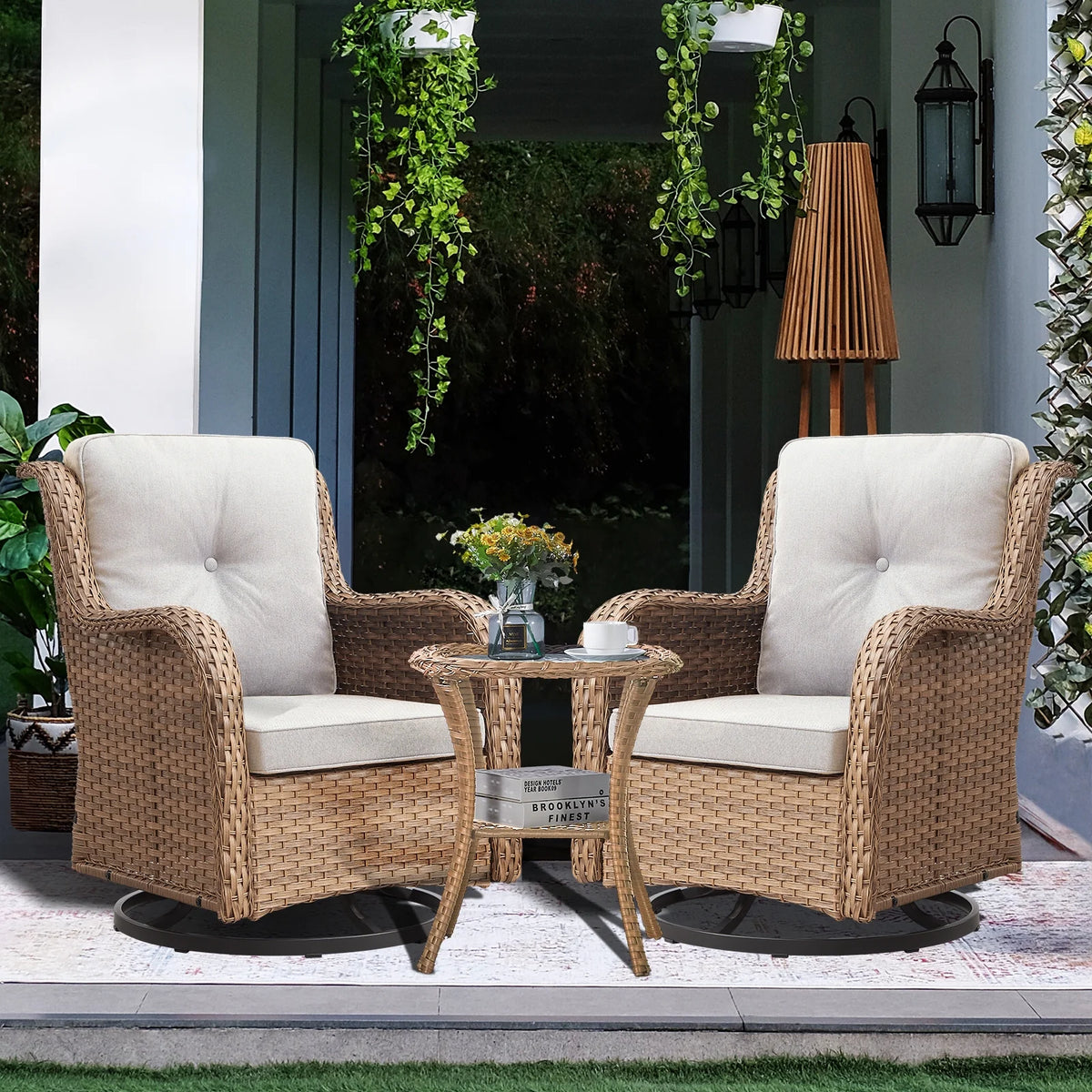 POCASSY Salon de Jardin 3 Pièces en Rotin Tressé Fauteuils Berçants et Pivotants avec Coussins