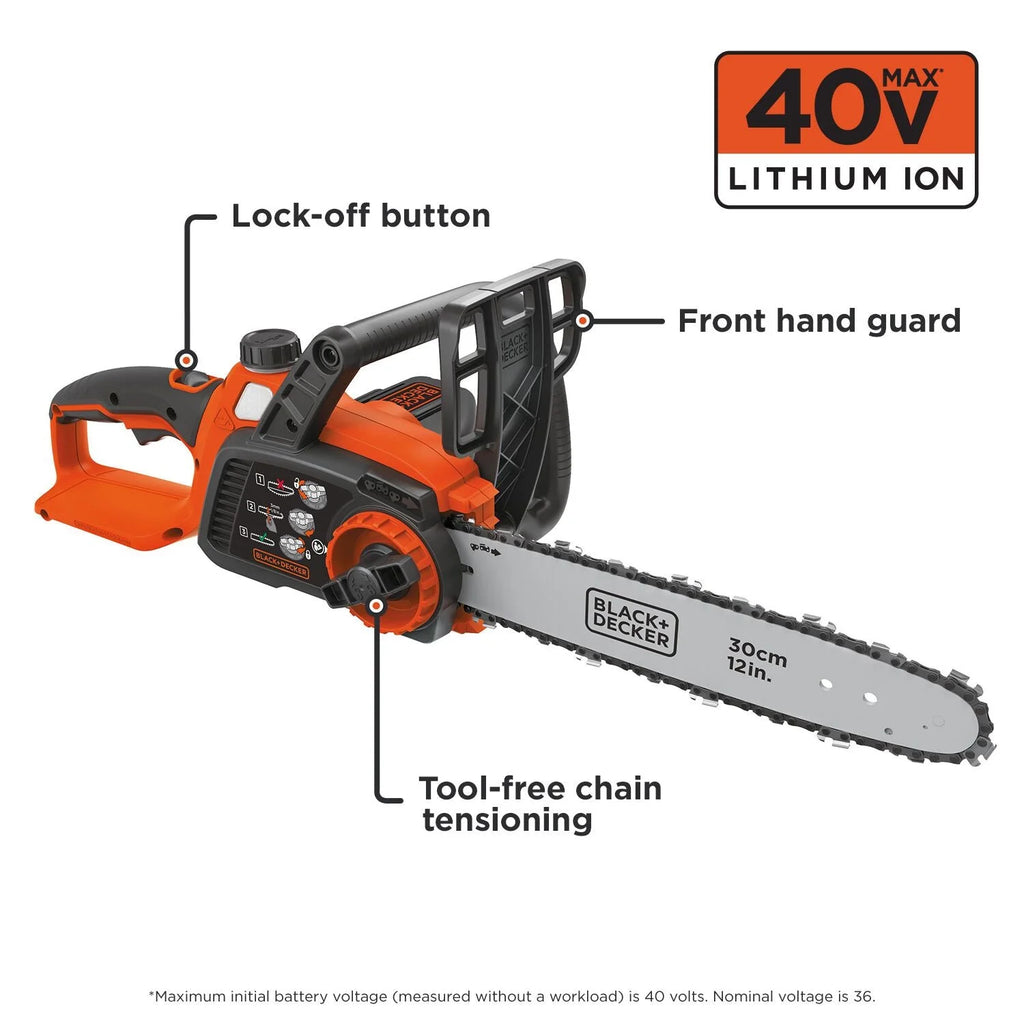 BLACK+DECKER 40V MAX Tronçonneuse sans fil, 12 pouces, Batterie et Chargeur inclus