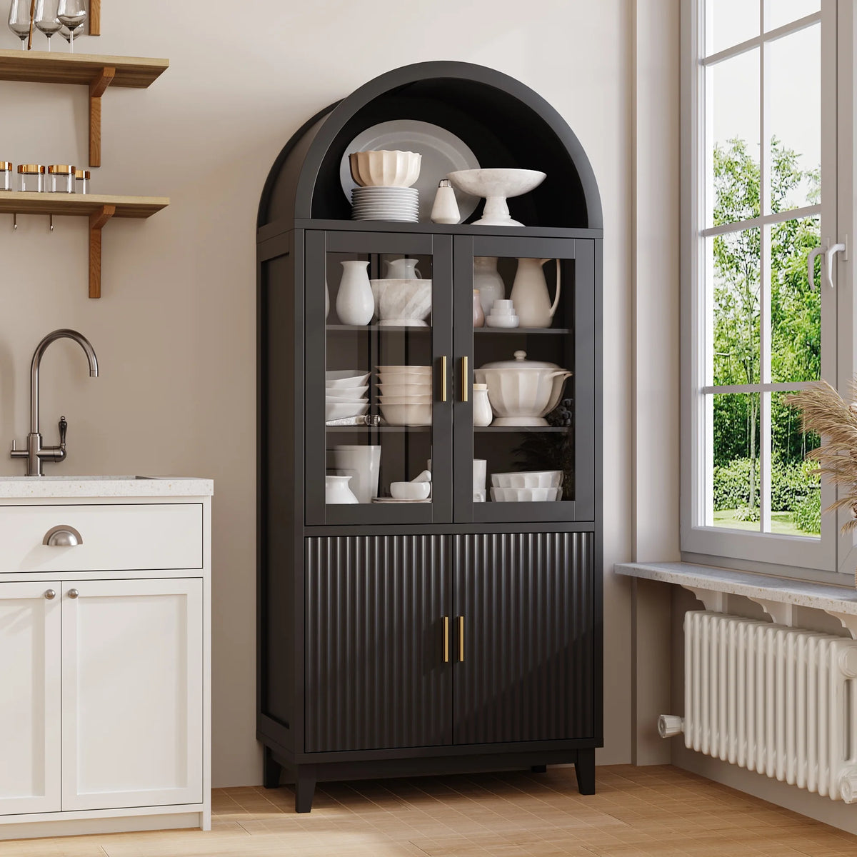 VEANERWOOD 71 Armoire haute cintrée, meuble de rangement de cuisine en bois cannelé avec 4 portes et 6 étagères pour salle à manger et salon