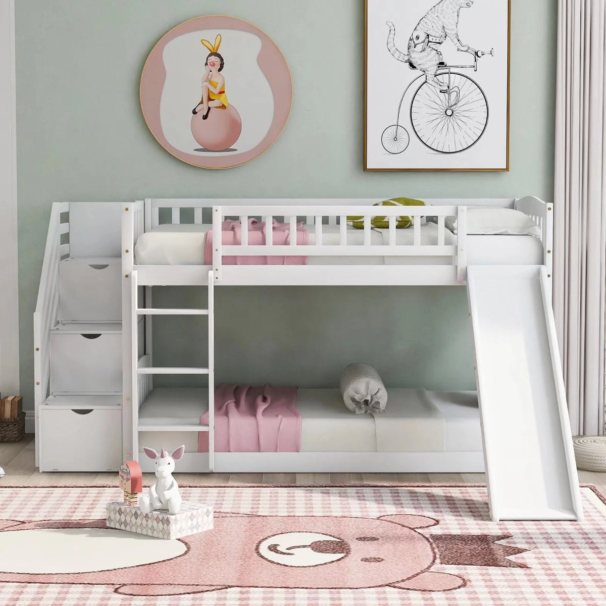 Lits superposés avec escalier, lits jumeaux, cadre de lit superposé en bois avec toboggan pour enfants et escalier de rangement, cadre de lit de rangement 2-en-1 avec échelle et barrières de sécurité pour chambre de garçons et de filles, blanc