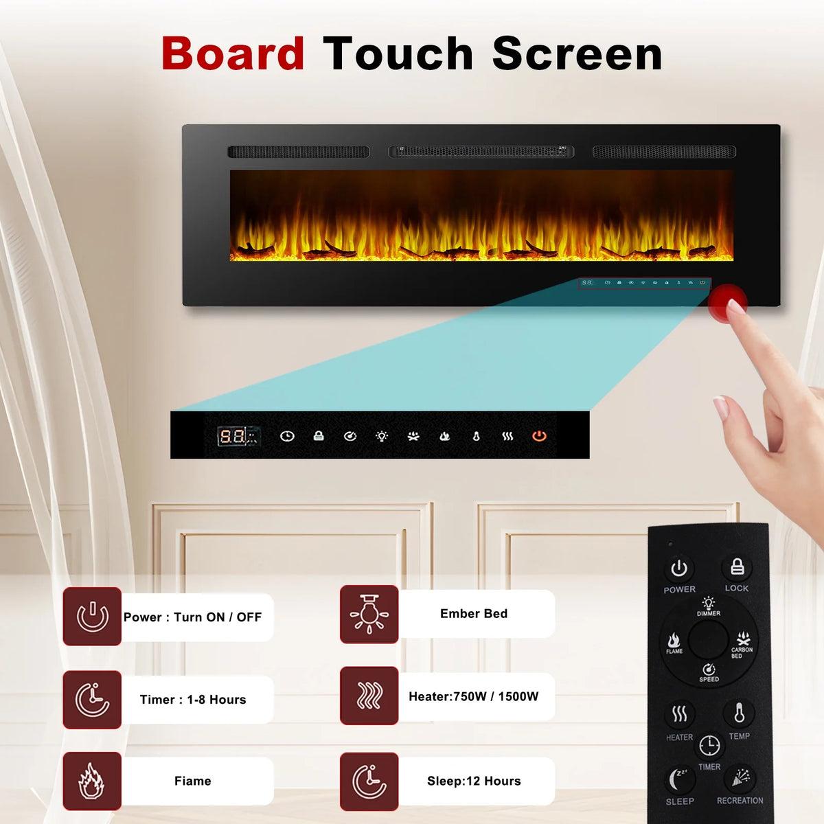 Cheminée électrique 60, cheminée encastrable ultra-fine et murale, cheminée linéaire avec minuterie, télécommande, couleur de flamme réglable, 750 w/1 500 w, noire
