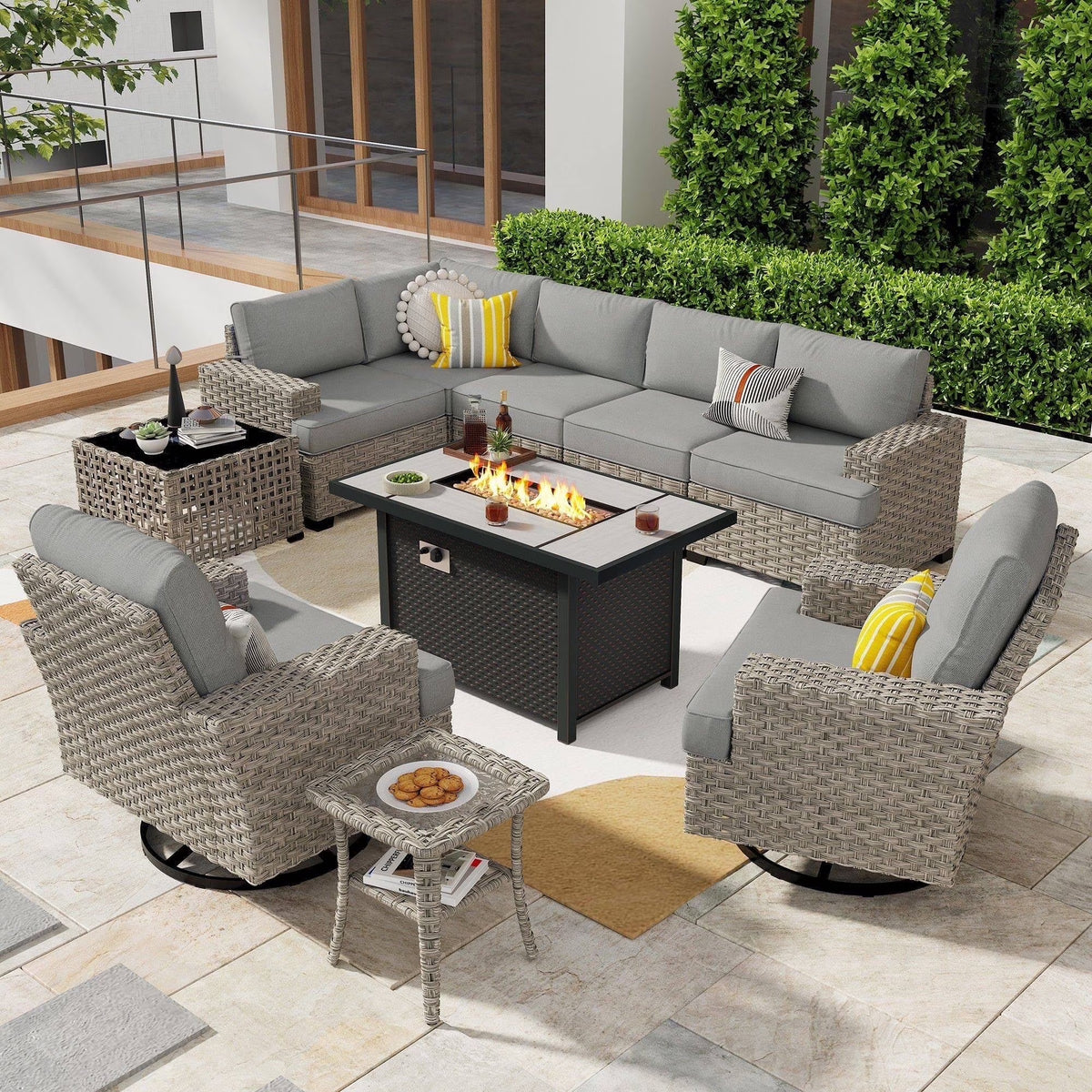Ovios Salon de jardin modulable moderne en résine tressée toutes saisons à dossier haut, 10 pièces, avec table brasero au propane et fauteuil pivotant, gris foncé