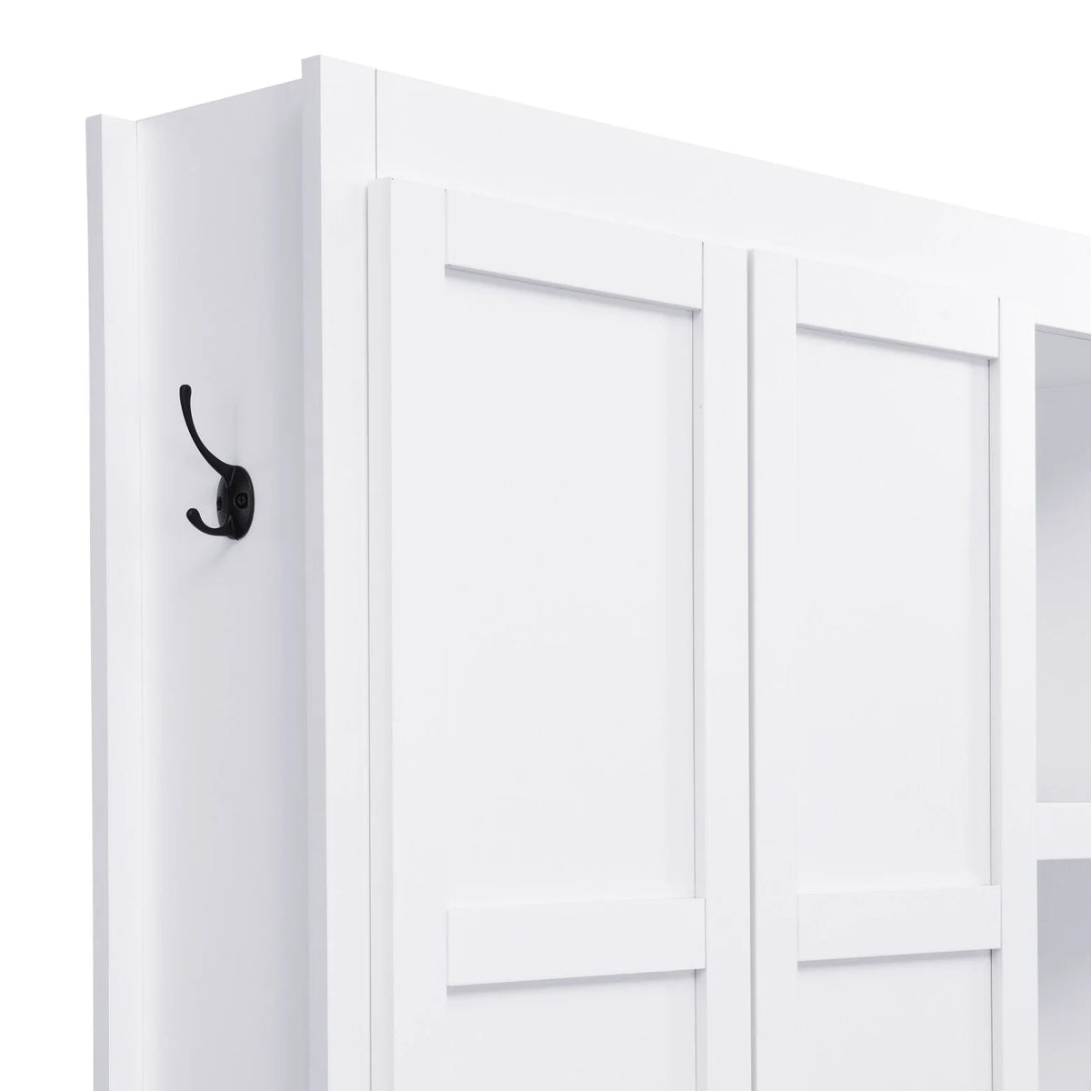 Vestiaire d’entrée style maison de campagne avec banc et rangement pour chaussures, 4-en-1, avec 4 placards, 5 casiers à chaussures et 6 crochets, noir
