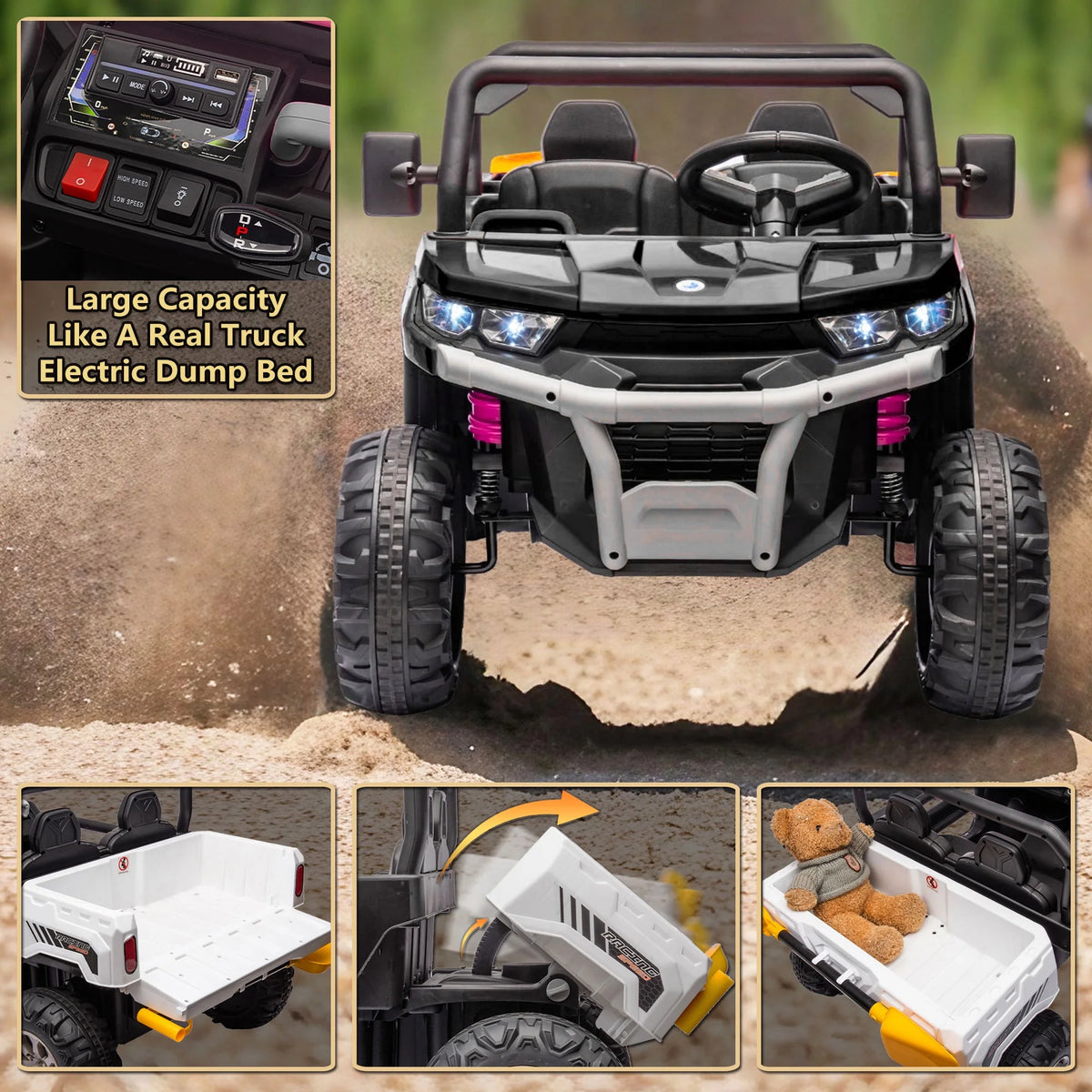 Xuanlur Voiture électrique pour enfants 24V 2 places, UTV avec moteur 2x200W, Jouet électrique 24 volts avec benne/pelle, Voiture électrique pour enfants avec pneus résistants, lumière LED, musique, télécommande, noire