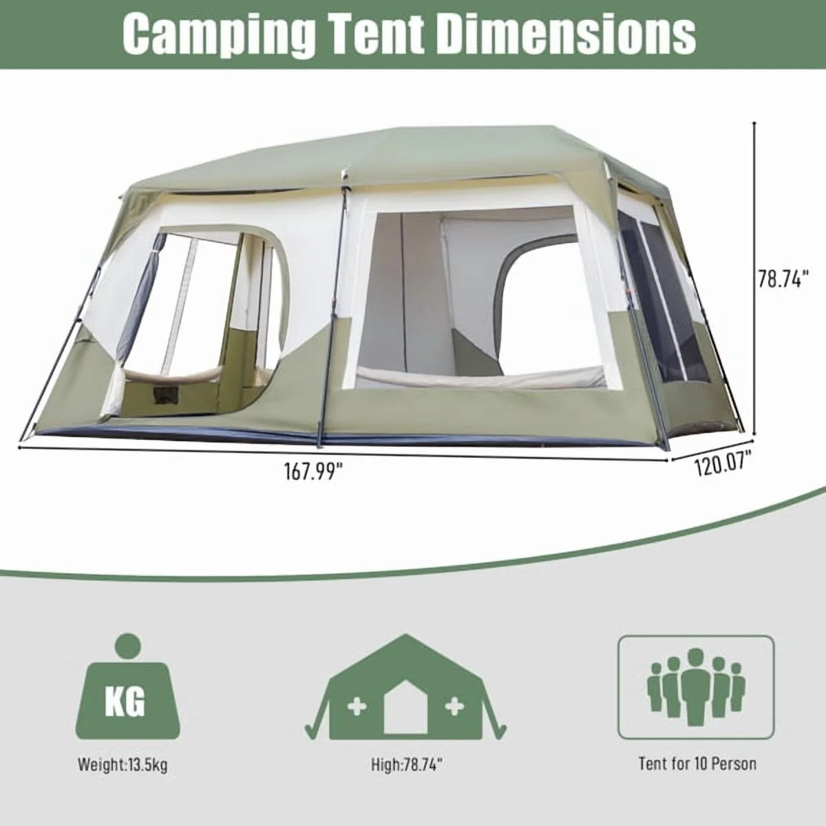 Tente cabane instantanée pour 10 personnes, tente de camping familiale imperméable et ventilée avec double toit, poches de rangement, vert militaire