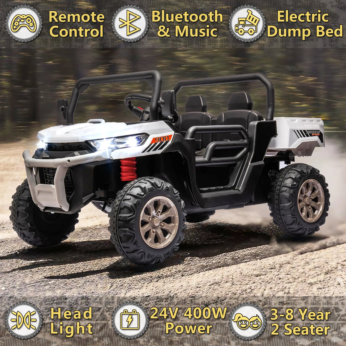 Xuanlur Voiture électrique pour enfants 24V 2 places, UTV avec moteur 2x200W, Jouet électrique 24 volts avec benne/pelle, Voiture électrique pour enfants avec pneus résistants, lumière LED, musique, télécommande, noire