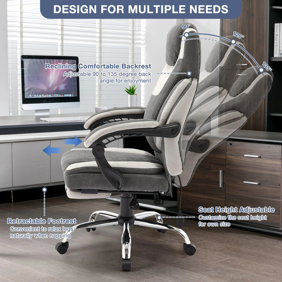 JONPONY Fauteuil de bureau Grande Taille 400lbs, Fauteuils de bureau de direction inclinables avec repose-pieds, Fauteuil de bureau à domicile à dossier haut Accoudoirs épais, Support lombaire ergonomique réglable, RoseBlanc