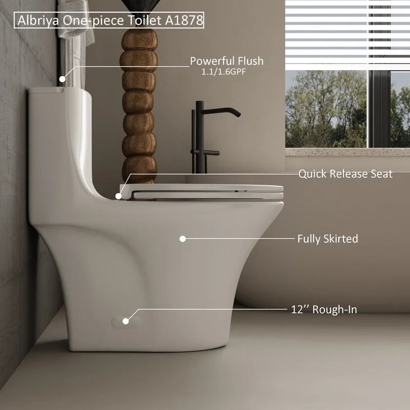 Toilettes modernes à une pièce Albriya A1878, toilettes de salle de bain standard à double chasse d’eau 1,1/1,6 GPF avec siège confortable, hauteur conforme à l’ADA, 16 1/2 po ? 12 po ? Entraxe, MaP 1000 g, blanc brillant