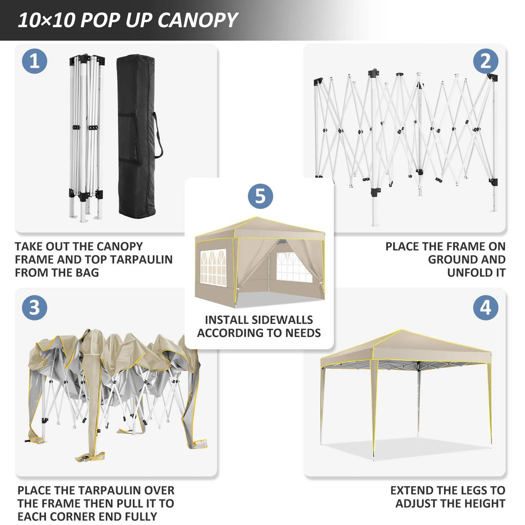 HOTEEL Chapiteau pop-up 10x10 avec murs latéraux, Tente imperméable pour fêtes et événements de mariage, Gazébo d'extérieur instantané avec sac de transport, piquets, cordes et sacs de sable, Noir