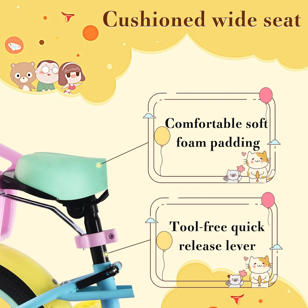 Vélo enfant RULLY 14 pour filles de 3, 4 et 5 ans mesurant 89 à 119 cm, vélo pour petite fille avec roues d’apprentissage, siège pour poupée et frein à pédales, vélo arc-en-ciel, couleurs pastel