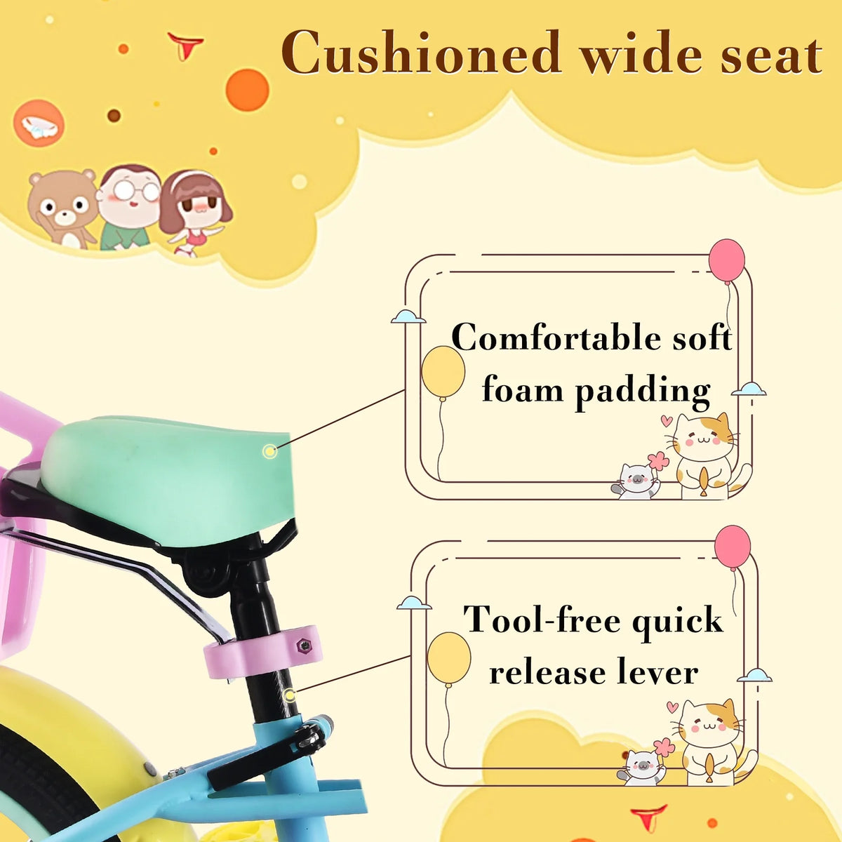 Vélo enfant RULLY 14 pour filles de 3, 4 et 5 ans mesurant 89 à 119 cm, vélo pour petite fille avec roues d’apprentissage, siège pour poupée et frein à pédales, vélo arc-en-ciel, couleurs pastel