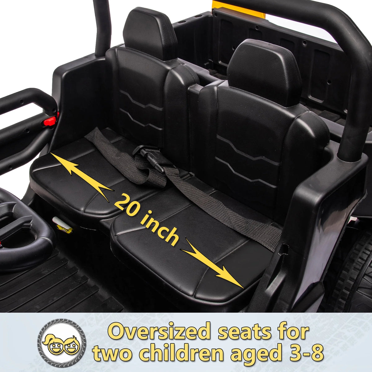 Xuanlur Voiture électrique pour enfants 24V 2 places, UTV avec moteur 2x200W, Jouet électrique 24 volts avec benne/pelle, Voiture électrique pour enfants avec pneus résistants, lumière LED, musique, télécommande, noire