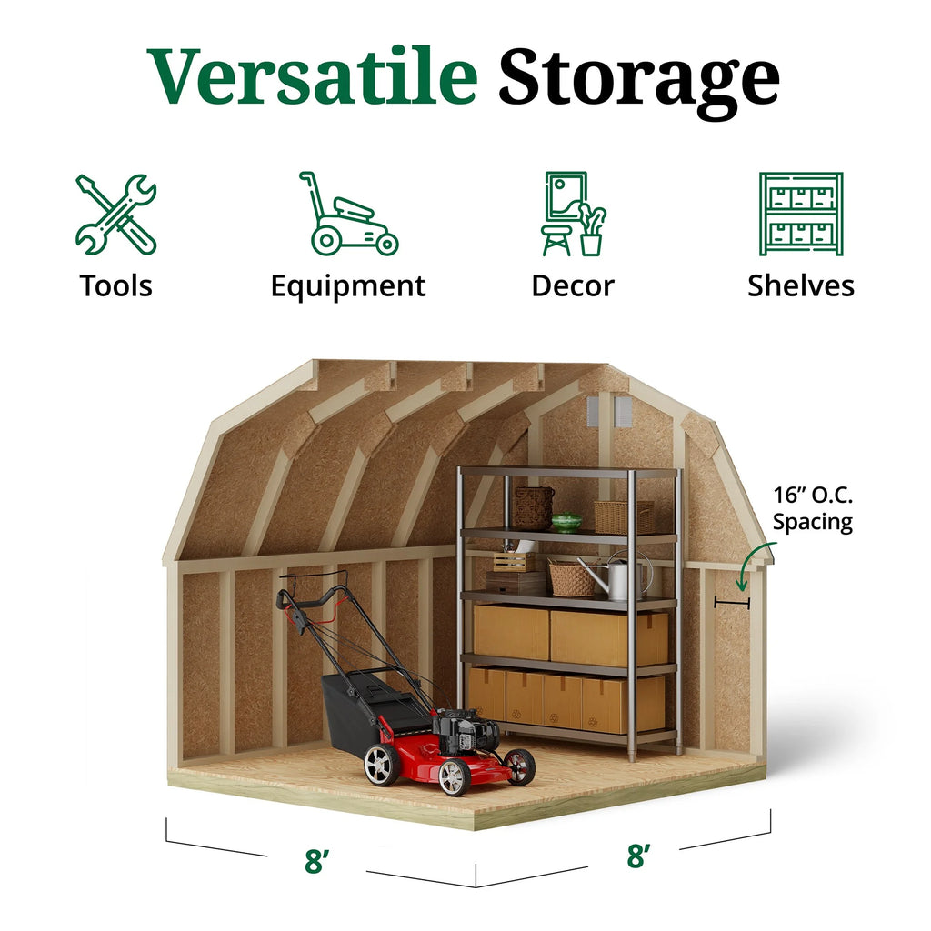 Little Cottage Co. Grange classique à toit brisé 8x8 avec murs latéraux de 4 pi, Abri de rangement extérieur en bois, Kit pré-découpé à monter soi-même