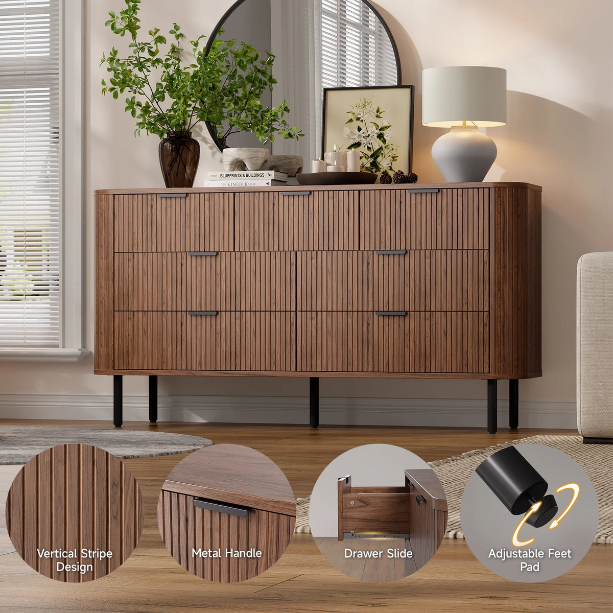 Commode cannelée à 7 tiroirs pour chambre, largeur 60 pouces, moderne, en bois, avec poignées en métal, design aux lignes courbes – Idéale également comme meuble TV pour salon ou couloir, noir