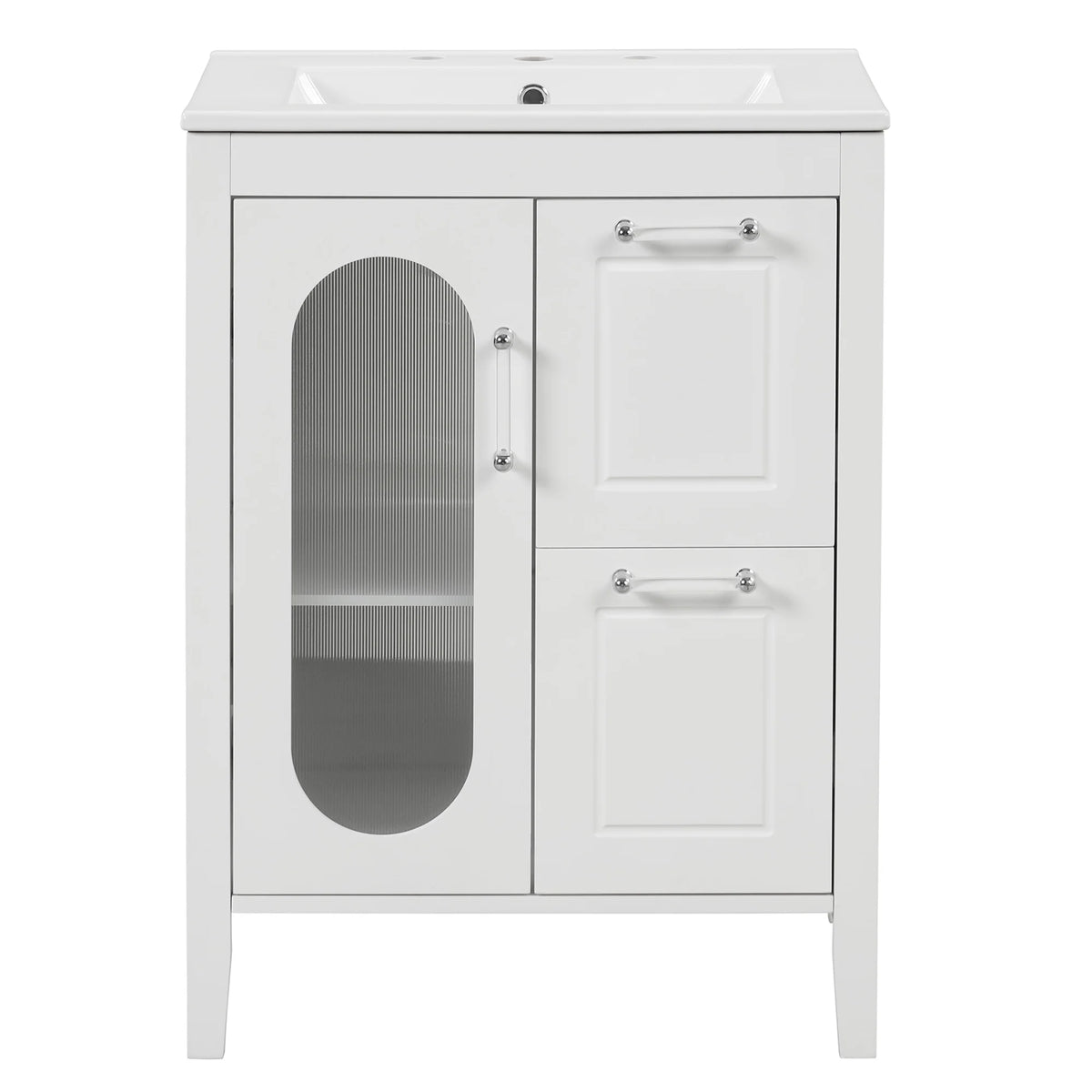 Meuble-lavabo Soges 24 avec vasque en céramique, meuble de toilette en bois massif avec porte, étagère réglable et 2 tiroirs, ensemble lavabo simple autoportant pour petite salle de bains, blanc
