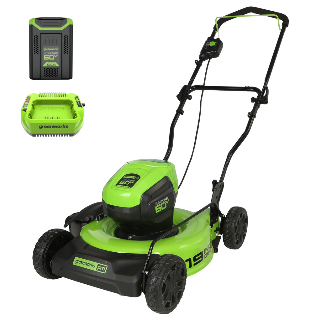 Tondeuse à gazon sans fil Greenworks 60V 19 avec batterie 5.0Ah et chargeur 2531802