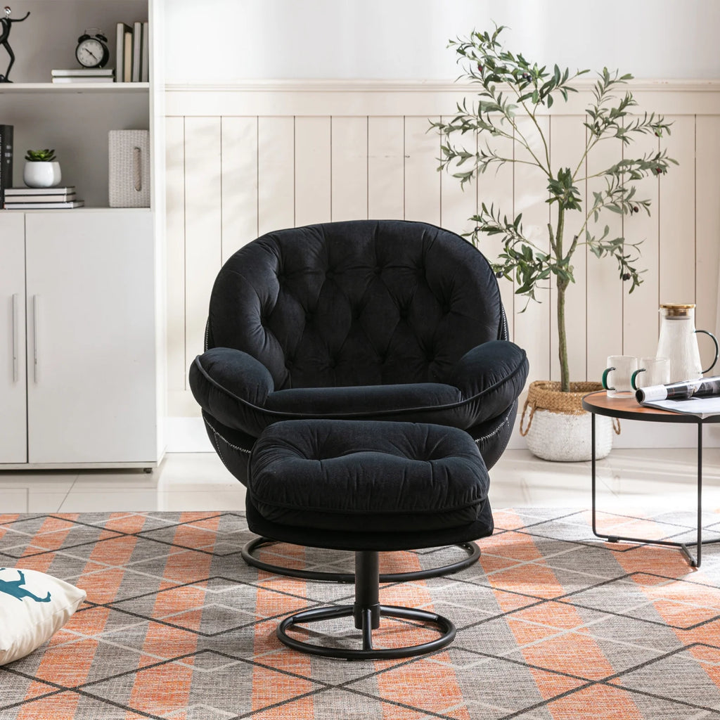 Fauteuil d'appoint pivotant en velours avec pouf, fauteuil méridienne moderne avec structure en métal et repose-pieds, fauteuil confortable pour la lecture, salon, chambre, bureau, bleu