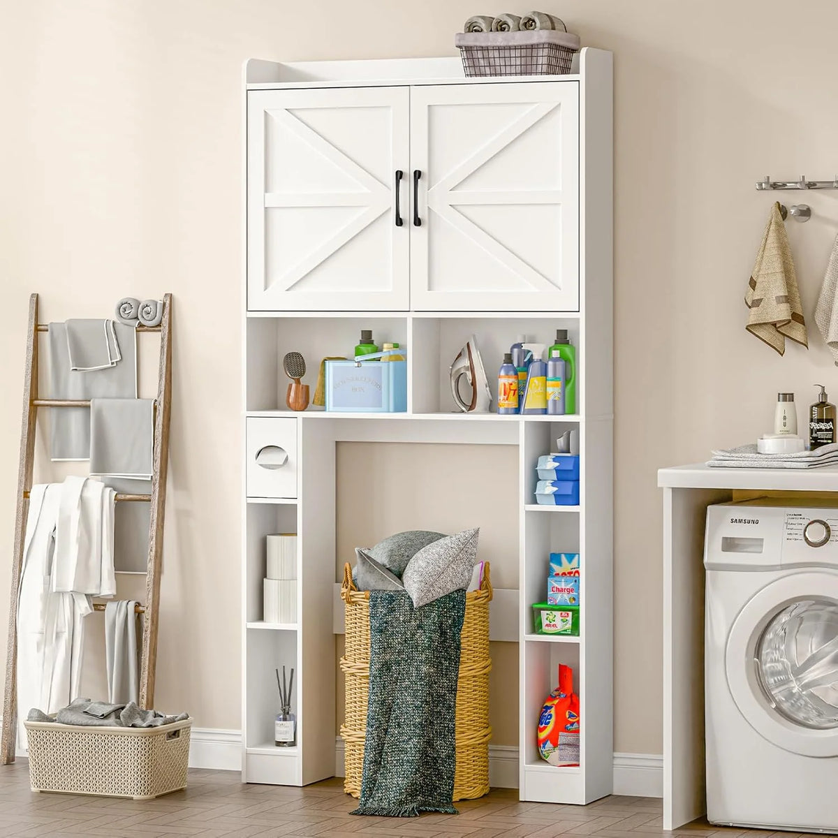 Meuble de rangement Vabches au-dessus des toilettes avec porte-papier toilette, avec étagère réglable et 2 portes