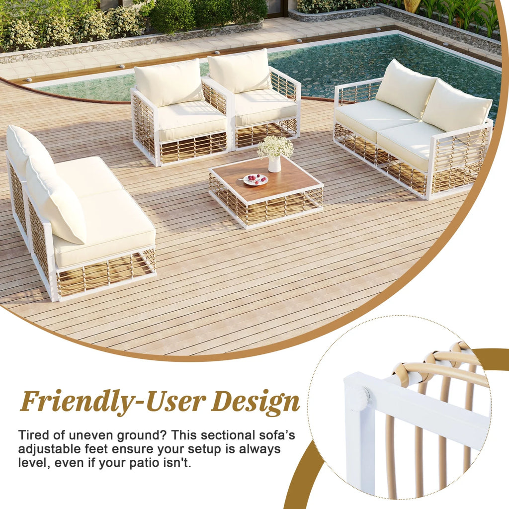 Ensemble de salon de jardin modulable en métal 7 pièces, canapé en rotin moderne et minimaliste avec coussins épais et table basse, salon d’extérieur toutes saisons pour jardin, bord de piscine et cour arrière, gris