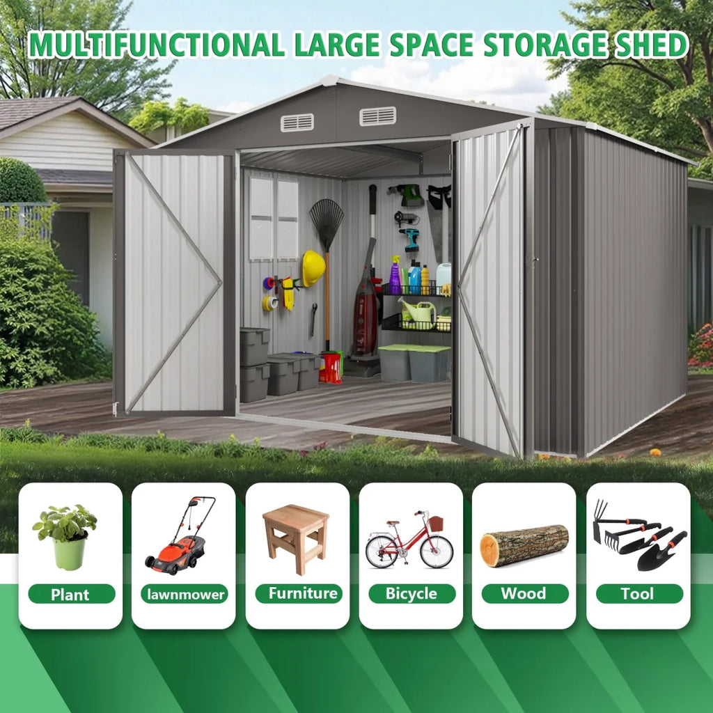 Abri de rangement extérieur 10 x 8 pi, grand abri de rangement en métal, porte verrouillable et grille d’aération, fenêtre transparente, abri pour outils de jardin, vélos, tondeuses à gazon, cours arrière, terrasses et pelouses – gris