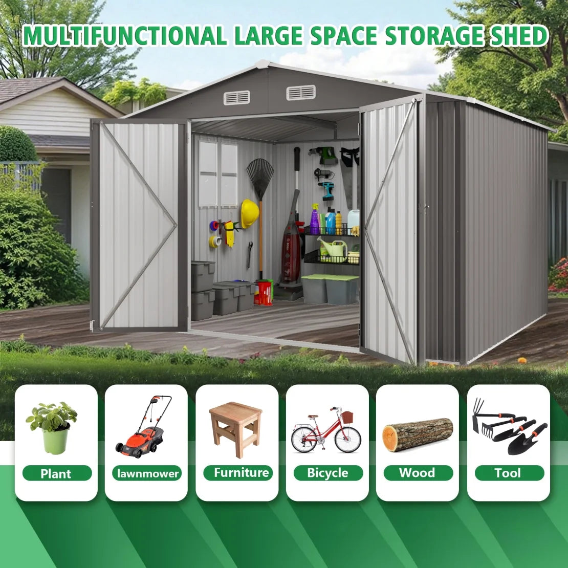 Abri de rangement extérieur 10 x 8 pi, grand abri de rangement en métal, porte verrouillable et grille d’aération, fenêtre transparente, abri pour outils de jardin, vélos, tondeuses à gazon, cours arrière, terrasses et pelouses – gris