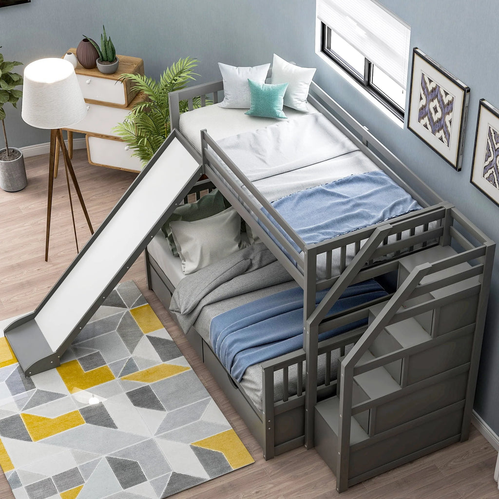 Lit superposé Euroco Wood avec lit simple au-dessus et lit double en dessous, tiroirs et toboggan, gris