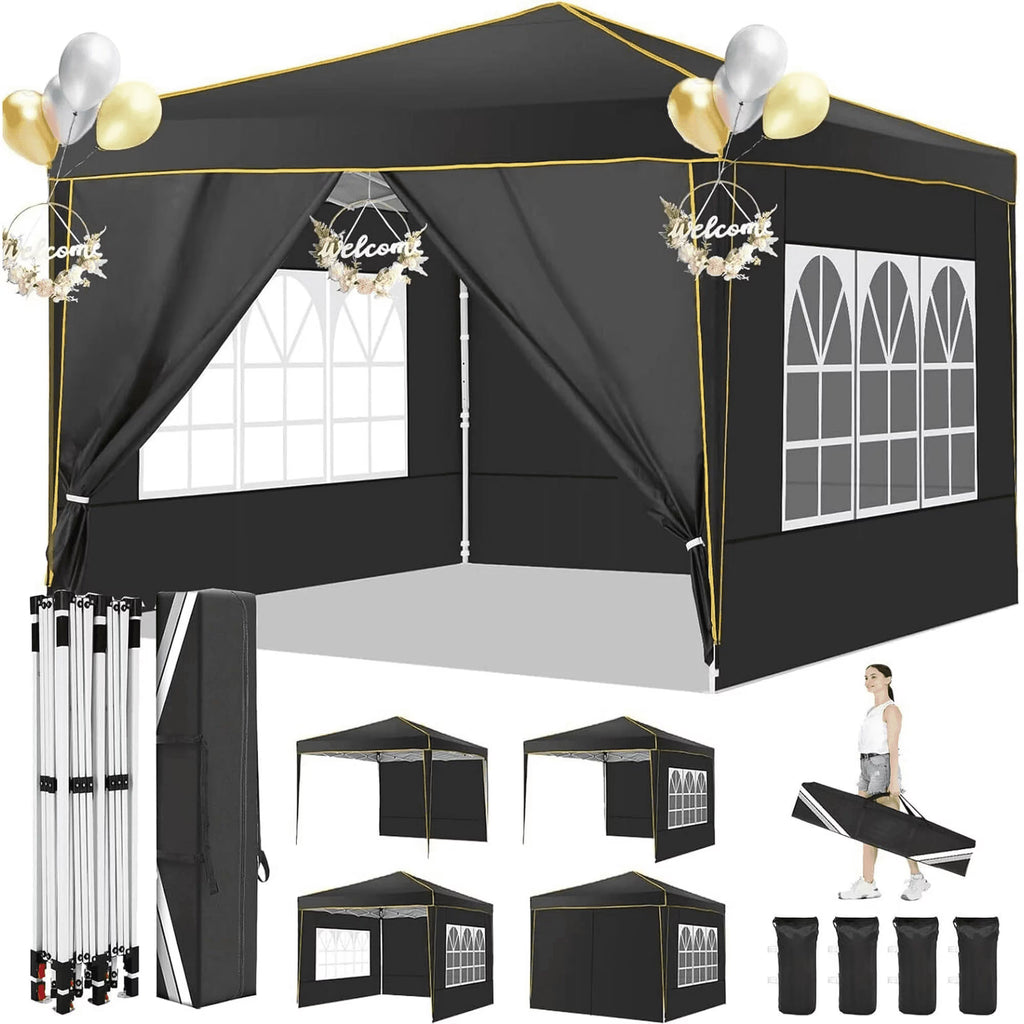 HOTEEL Chapiteau pop-up 10x10 avec murs latéraux, Tente imperméable pour fêtes et événements de mariage, Gazébo d'extérieur instantané avec sac de transport, piquets, cordes et sacs de sable, Noir
