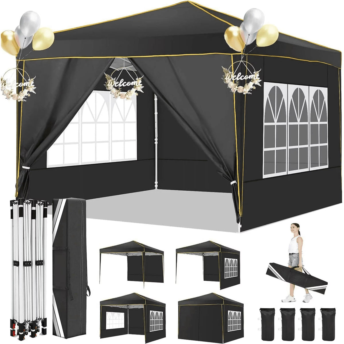 HOTEEL Chapiteau pop-up 10x10 avec murs latéraux, Tente imperméable pour fêtes et événements de mariage, Gazébo d'extérieur instantané avec sac de transport, piquets, cordes et sacs de sable, Noir