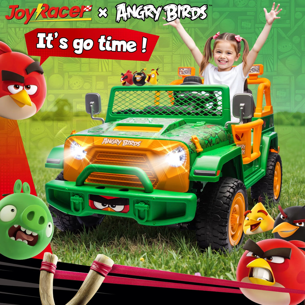 Jouets électriques Joyracer 24 volts pour grands enfants, camion sous licence Angry Birds avec télécommande, véhicule électrique 4x4 à 2 places avec pelle, Bluetooth, lumières, roues de voiture électrique, pour enfants de 3 à 8 ans, jusqu’à 59 kg, vert