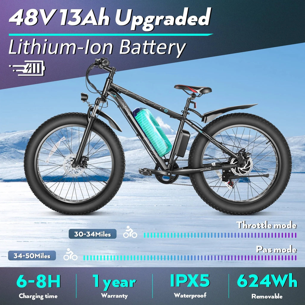 Vélo électrique tout-terrain Gocio 26 4.0 à pneus larges pour adultes, vélo électrique 500 W pour adultes, batterie Li-ion amovible 48 V 13 Ah, vitesses professionnelles à 7 rapports, vélo électrique de montagne, de plage et de neige pour homme