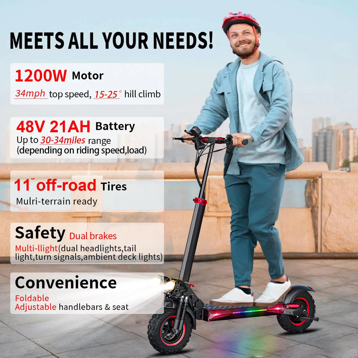 MIWEN Trottinette électrique tout-terrain 11'' pour adulte avec siège, moteur 1200W, vitesse jusqu'à 34MPH, autonomie 30-34Miles, trottinette électrique rapide 48V 21Ah pliable